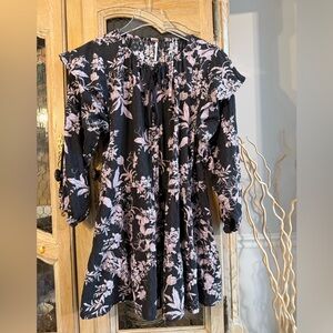 Free People Cotton Black Floral Tie-Neck Dress